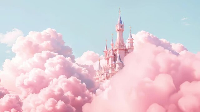 Pink fairytale castle floats in dreamy sky clouds, magical princess fantasy. Whimsical 4K animation, kids' dream concept, pastel aesthetic video.