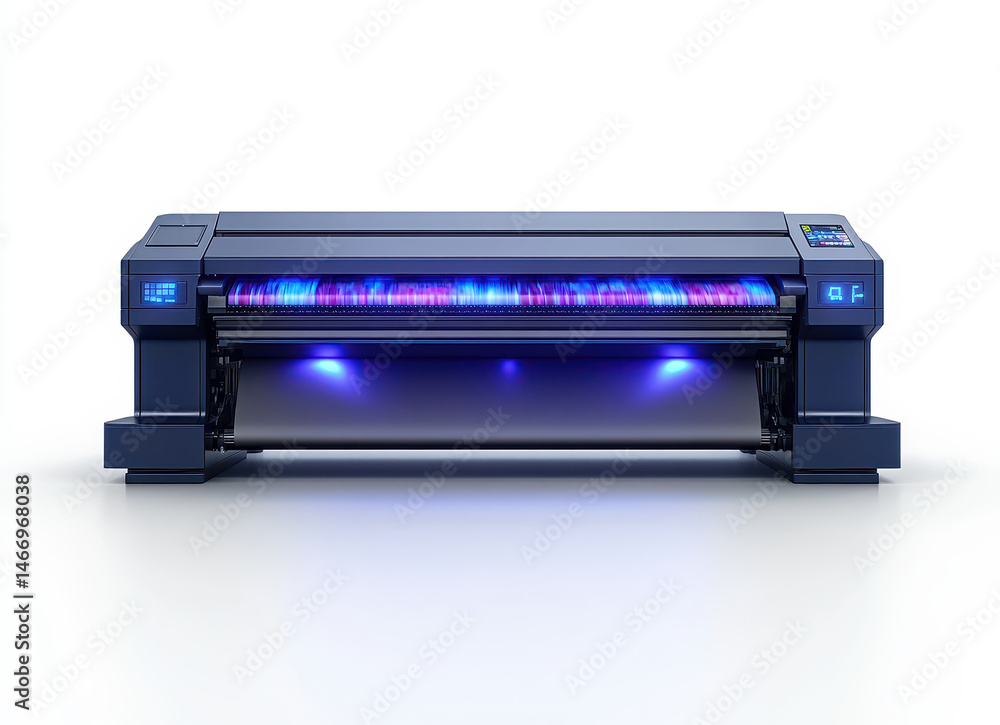Poster modern high-quality printing machine on white background showcasing advanced overprint technology wi
