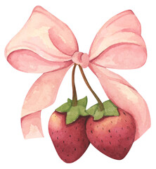 Coquette Strawberry Bow Watercolor in Autumn Garden with Soft Pastel and Feminine Vintage Style