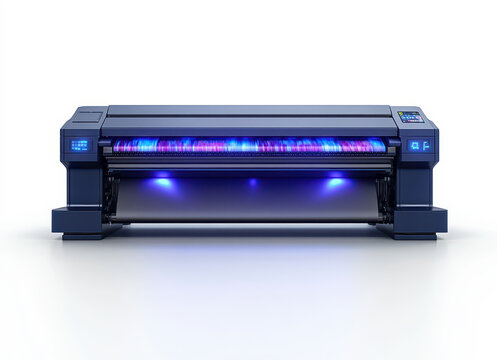 Modern high-quality printing machine on white background showcasing advanced overprint technology with LED illumination