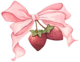 Coquette Strawberry Bow Watercolor in Autumn Garden with Soft Pastel and Feminine Vintage Style