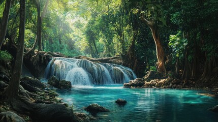 Lush jungle waterfall, turquoise pool, sunlit canopy, peaceful scene, nature travel