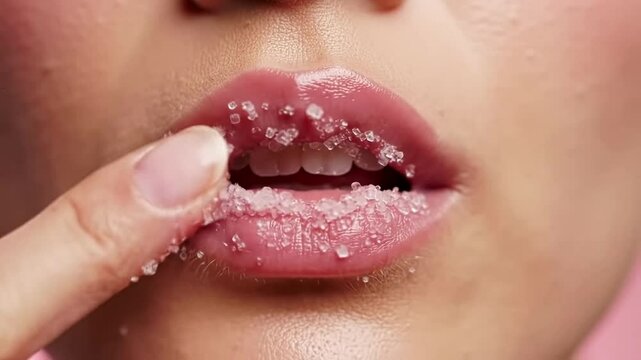 Finger applies sugar scrub to plump lips, a macro shot highlighting the exfoliation process for lip skincare and beauty industry application for smoothness and cosmetic enhancement