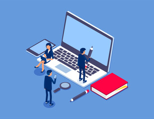 Online education concept banner with characters.  Flat isometric vector illustration