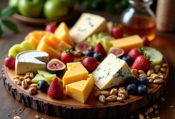 assorted gourmet cheeses fresh fruit garnish stylish platter colorful presentation delicious variety, arrangement, slice, selection, cream, cheddar, brie