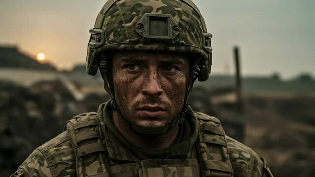 Soldier with dirt-streaked face and combat helmet looks intently amidst a desolate battlefield at sunset, portraying the grit and intensity of military conflict and human resilience