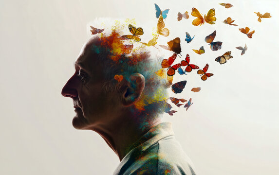 Silhouette of man with colorful butterflies. The alzheimer dementia illness disease concept. Amnesia, memory loss and confusion.