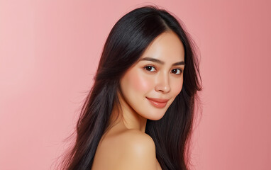 Fototapeta premium Beautiful asian woman with long hair over colorful background. Beauty and healthy lifestyle.