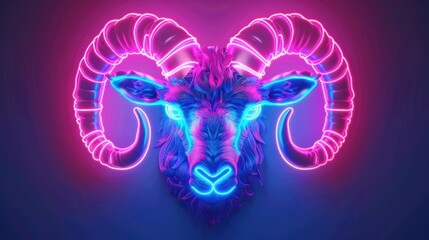 Zodiac sign Aries in neon light. Astrological calendar.