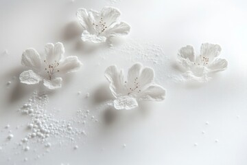 Delicate white flowers float on a textured white surface, creating a serene and minimalist scene.