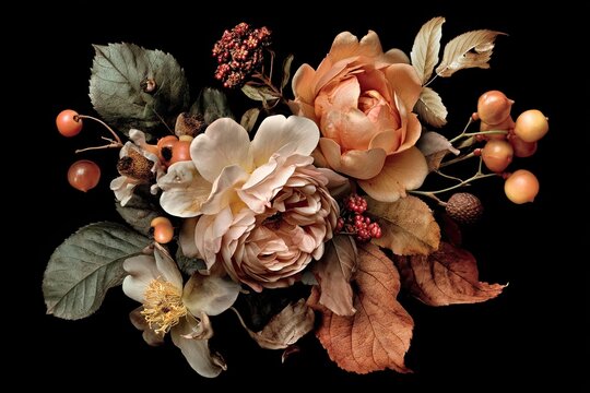 Warm Autumn Hues A Symphony of Flowers and Berries on Black Canvas.