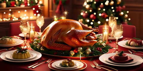 Fototapeta premium Elegant Holiday Feast: A Cozy Dining Table with Golden Roasted Turkey