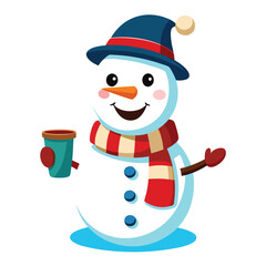 A cheerful 3D snowman wearing a hat and scarf, holding a warm drink
