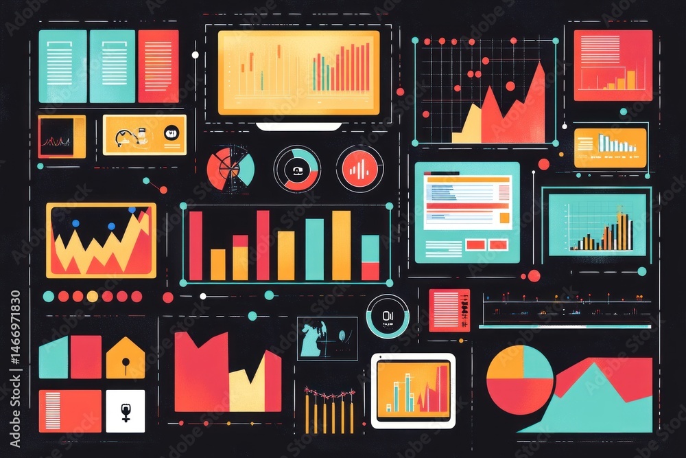 Poster colorful data visualization dashboard with various charts and graphs on dark background.