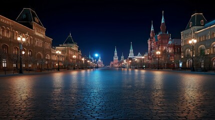 Fototapeta premium Nighttime Grandeur: Illuminated buildings cast a warm glow, reflecting on the polished pavement. A symmetrical urban scene comes alive under the moonlit sky.