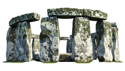 A digital rendering of Stonehenge showing large upright stones with horizontal lintels The