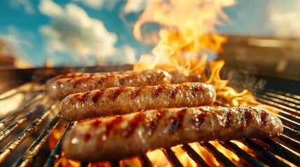 A close-up of sausages grilling over a roaring flame illuminates the vibrant colors and creates a dynamic atmosphere, perfect for evoking excitement in a culinary setting.