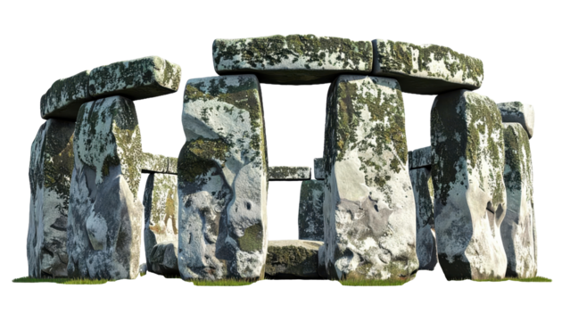 A digital rendering of Stonehenge showing large upright stones with horizontal lintels The