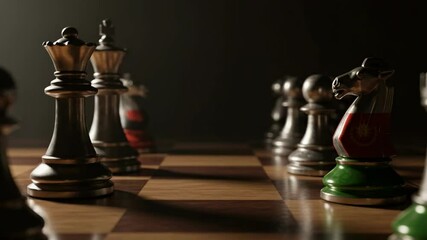 Queen and knight chess pieces face off on a board in dramatic lighting, representing strategic thinking, competition and geopolitical maneuvering or business rivalry concept for success