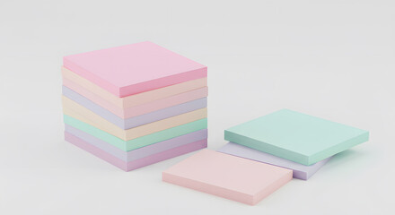 Fototapeta premium Pastel Rainbow Stacked Square Sticky Notes on White Background