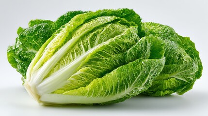 A fresh, crisp romaine lettuce head with vibrant green leaves and a white interior, perfect for healthy eating, salads, and clean, nutritious meals.