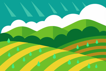 Obraz premium rain falling on wide rice terraces in lush hills 