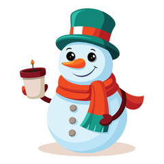 A cheerful 3D snowman wearing a hat and scarf, holding a warm drink