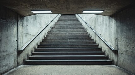 For design photography, an underground pathway features concrete stairs with architectural features.