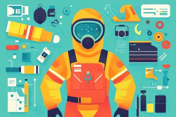 Hazmat suit and safety equipment flat lay illustration.