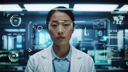 Female scientist in a lab coat interacts with a futuristic holographic interface displaying complex data, symbolizing advanced research, technological innovation, and data science concepts - Powered by Adobe
