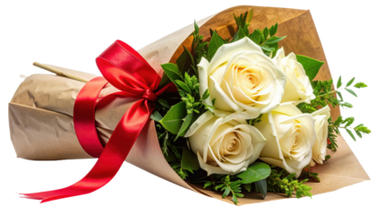Creamy white roses wrapped in rustic kraft paper with vibrant greenery tied elegantly with  