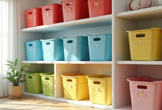 colorful storage bins shelved organization neat arrangement visual display bright tones aesthetic clutter free, tote, container, home, office, workspace