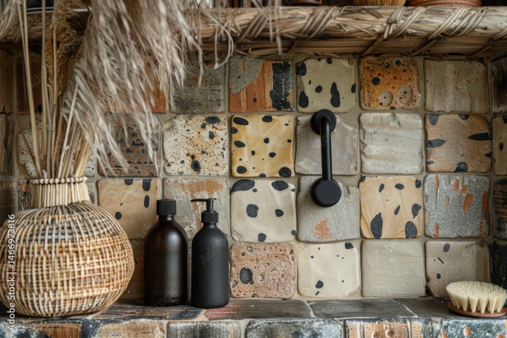 Poster natural decor with bottles and textured tiles on a rustic shelf.