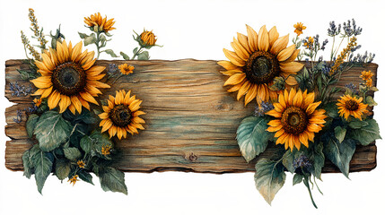 Rustic watercolor sunflowers and wildflowers arranged around a vintage wooden board, perfect for country-style invites or decor. Generative AI