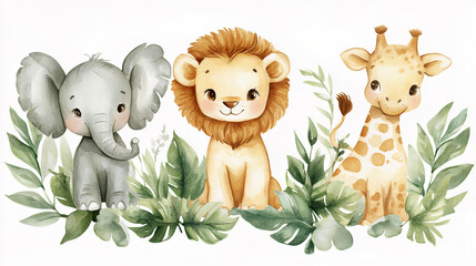 Adorable watercolor jungle animals — elephant, lion, and giraffe — surrounded by tropical leaves, perfect for nursery art or birthday invites. Generative AI