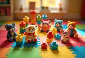 Obraz premium colorful toys arranged bright play mat playful childhood fun creativity imagination learning development, blocks, dolls, vehicles, puzzles, stuffed