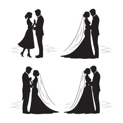 Black Silhouette Scenes of Proposals, Weddings, Couples Dancing, and Ring Exchanges &ndash; Romantic Moments Vector Set