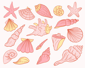 Colorful hand-drawn clipart set with seashells and starfish in soft pastel palette for girly marine designs, packaging, nautical projects, invitations, cards, coastal decor, etc.