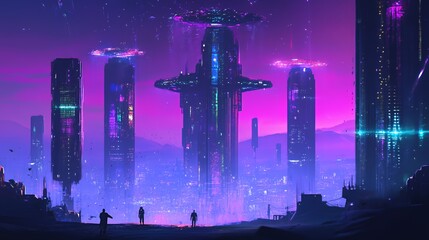 Futuristic Cityscape with Hovering Spaceships and Silhouetted Figures