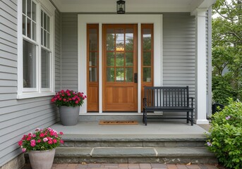 Entrance of a house with a wooden door flanked by sidelights and potted flowers on the porch area
