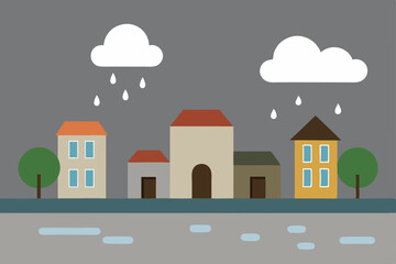 Fototapeta premium rainy day in a small coastal town with puddles 