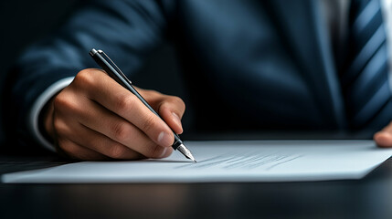 Closeup of Man's Hand in Blue Suit Writing with a Pen on a Document
