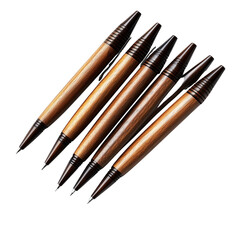 A set of brown wood pens with elegant polished barrels and fine craftsmanship, isolated on a transparent background