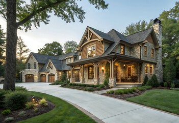 Naklejka premium Modern Colonial Style House with Garage and Landscaped Front Yard