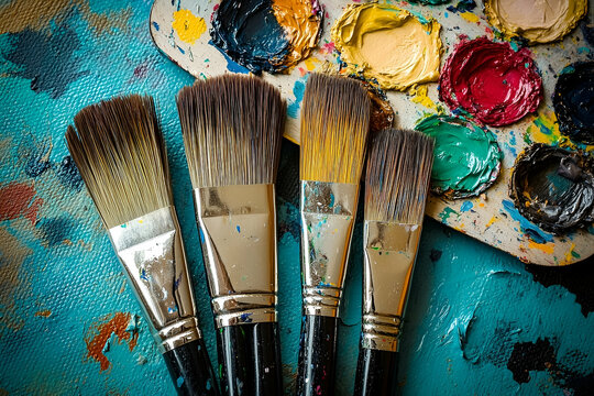 Closeup of Paintbrushes and Palette with Vibrant Colors on Blue Textured Background