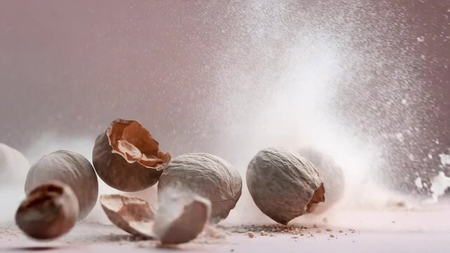 Dynamic explosion of nutmeg pods and powder on a soft pink background, showcasing culinary spices