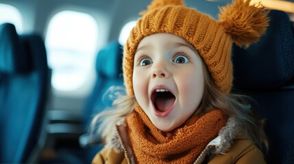 A young girl in a cute winter outfit expresses pure delight and excitement while sitting on an airplane, showcasing the joy of travel and the adventure that awaits her.