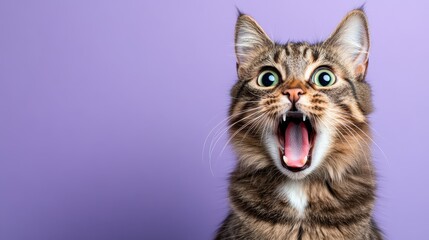 A surprised cat with wide eyes and an open mouth poses against a purple backdrop, embodying a playful and humorous sentiment that invites smiles and laughter.
