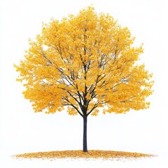 Fototapeta premium Yellow tree isolated on white background with fallen leaves around