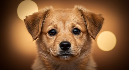 Adorable puppy portrait golden bokeh lights